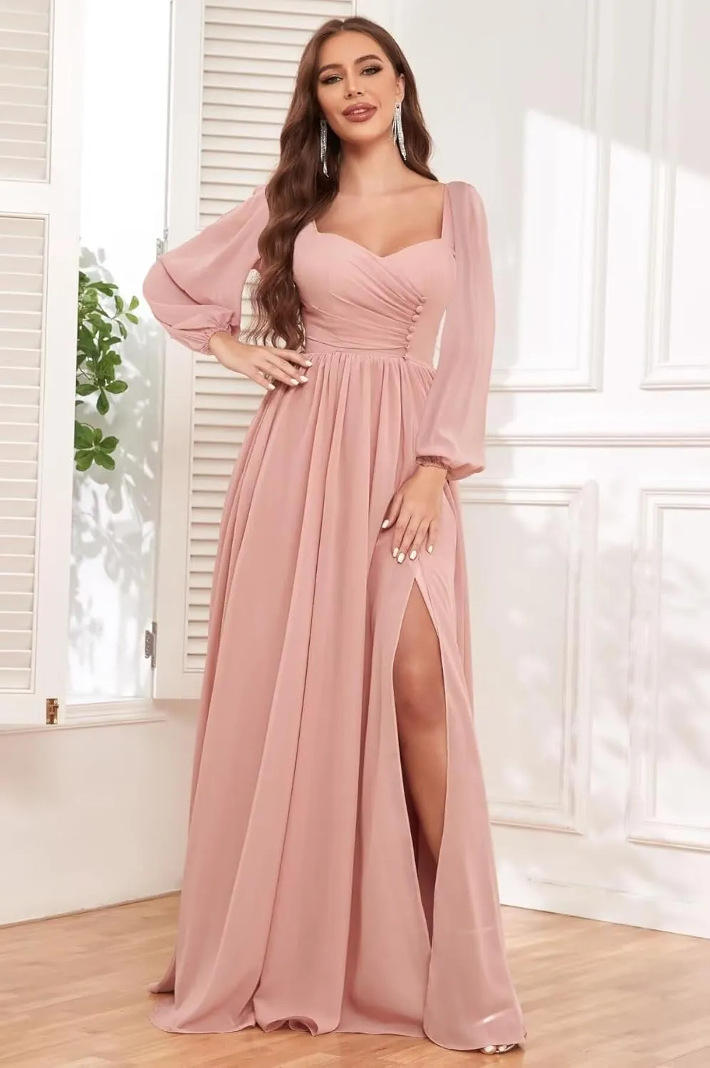 Long Sleeve Bridesmaid Dresses for Women Pleated Chiffon Long Formal Evening Dresses with Slit