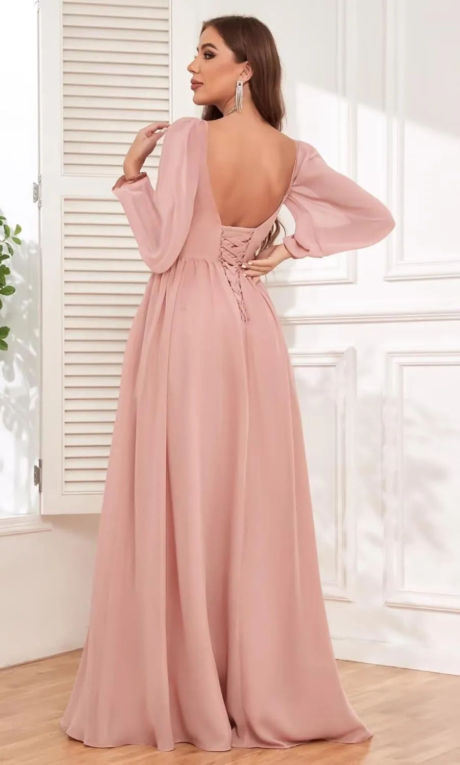 Long Sleeve Bridesmaid Dresses for Women Pleated Chiffon Long Formal Evening Dresses with Slit