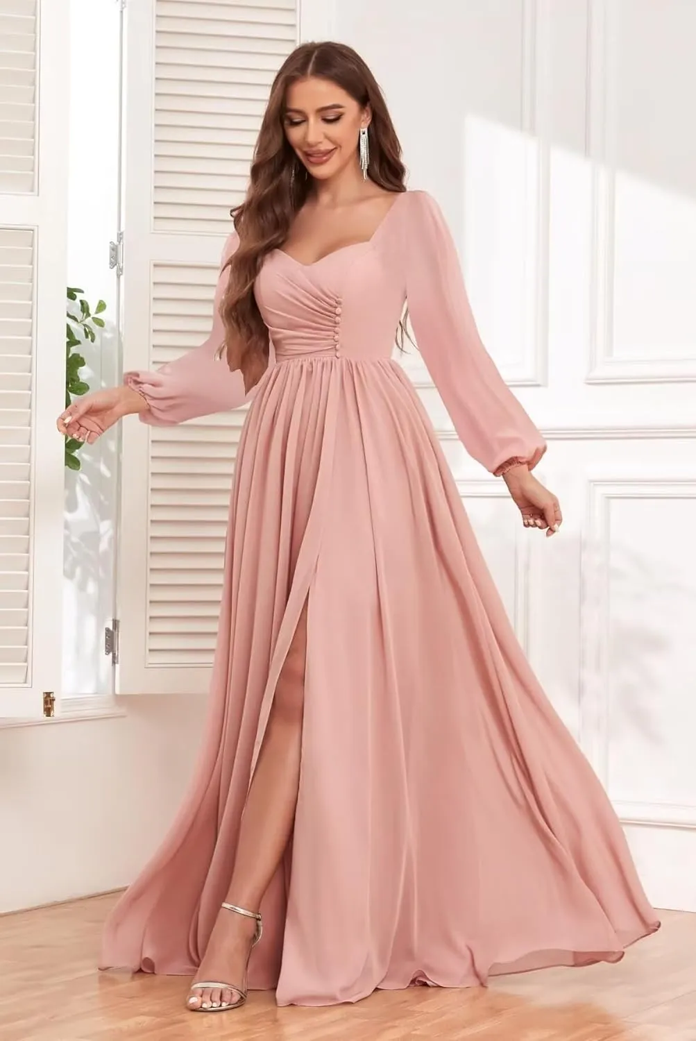Long Sleeve Bridesmaid Dresses for Women Pleated Chiffon Long Formal Evening Dresses with Slit