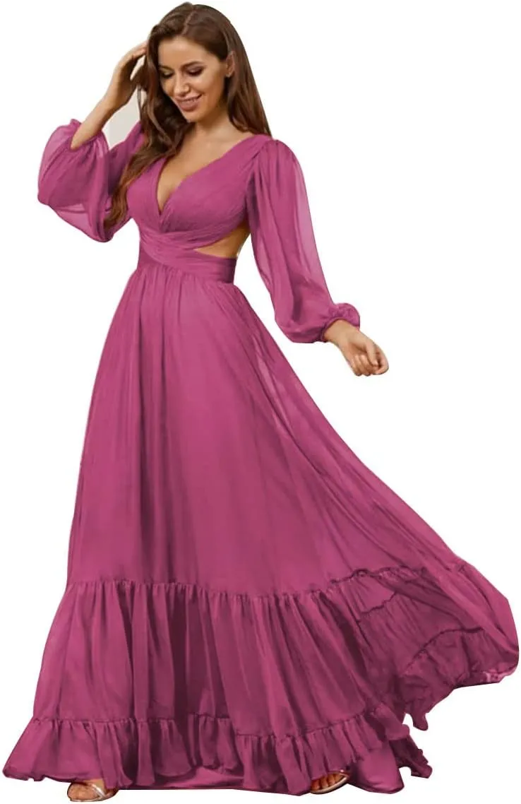 Long Sleeve Chiffon Bridesmaid Dresses for Wedding V Neck Ruffle Formal Dresses Maxi Chiffon Prom Dress Guest Gown