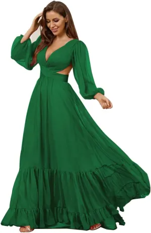 Long Sleeve Chiffon Bridesmaid Dresses for Wedding V Neck Ruffle Formal Dresses Maxi Chiffon Prom Dress Guest Gown