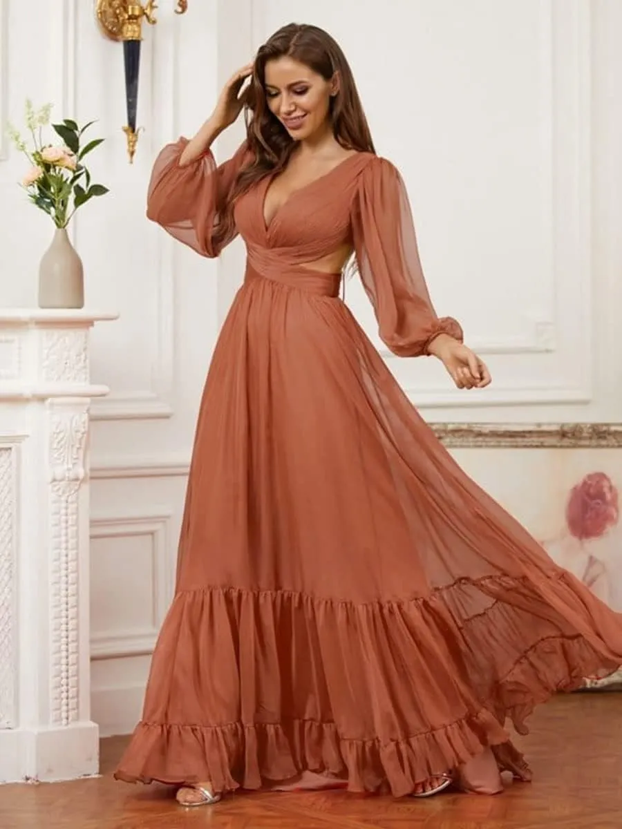 Long Sleeve Chiffon Bridesmaid Dresses for Wedding V Neck Ruffle Formal Dresses Maxi Chiffon Prom Dress Guest Gown