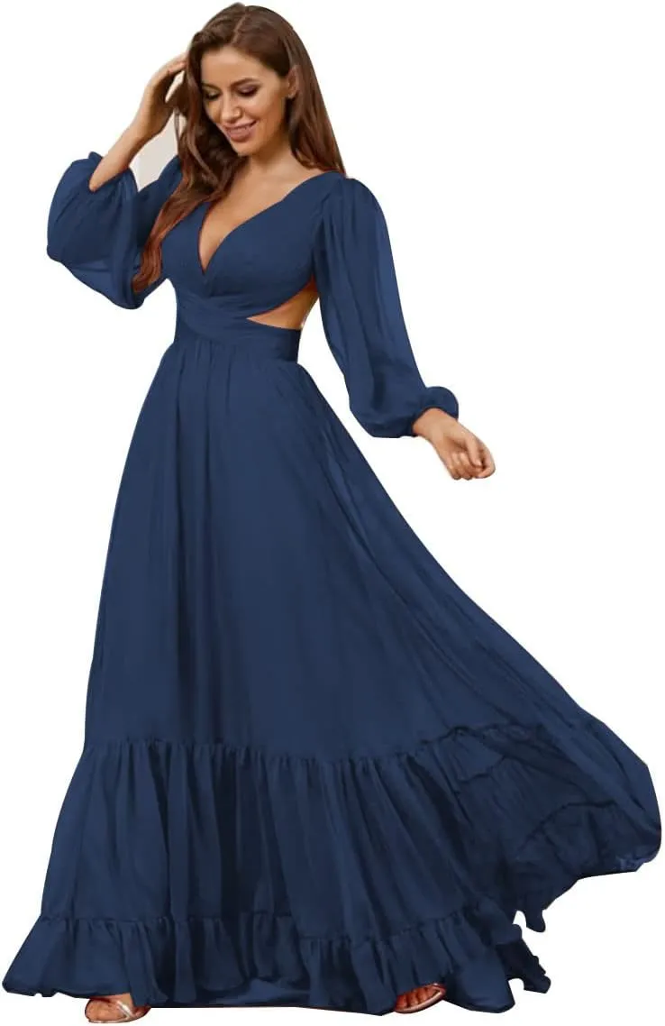 Long Sleeve Chiffon Bridesmaid Dresses for Wedding V Neck Ruffle Formal Dresses Maxi Chiffon Prom Dress Guest Gown