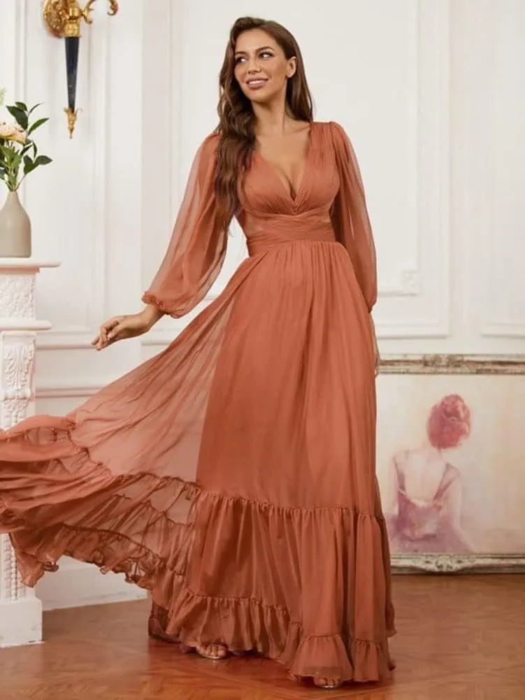 Long Sleeve Chiffon Bridesmaid Dresses for Wedding V Neck Ruffle Formal Dresses Maxi Chiffon Prom Dress Guest Gown