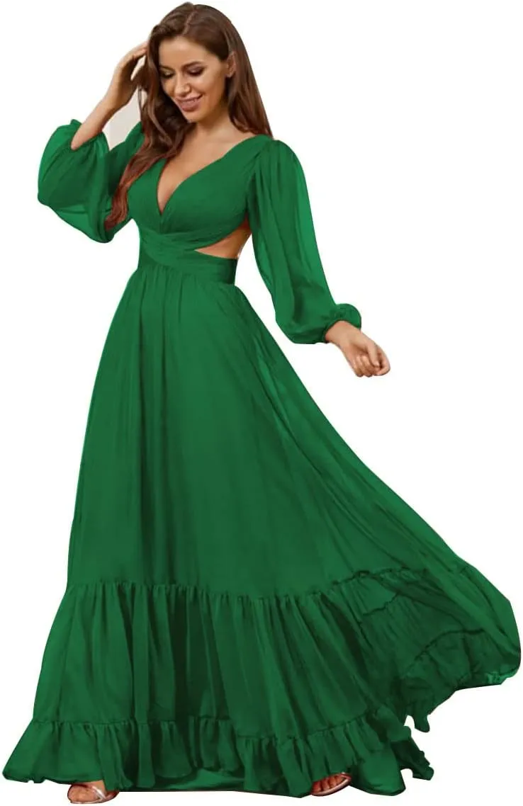 Long Sleeve Chiffon Bridesmaid Dresses for Wedding V Neck Ruffle Formal Dresses Maxi Chiffon Prom Dress Guest Gown