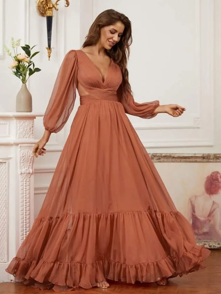 Long Sleeve Chiffon Bridesmaid Dresses for Wedding V Neck Ruffle Formal Dresses Maxi Chiffon Prom Dress Guest Gown