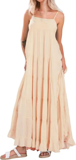loveimgs Women Summer Spaghetti Strap Smocked Maxi Dress Tiered Ruffle Sleeveless Long Flowy Dress Beach Sundress