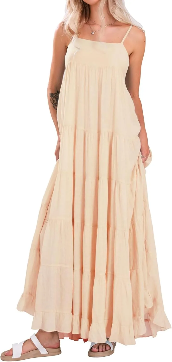 loveimgs Women Summer Spaghetti Strap Smocked Maxi Dress Tiered Ruffle Sleeveless Long Flowy Dress Beach Sundress