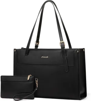 LOVEVOOK Laptop Tote Bag for Women 15.6 Inch Stylish Leather Work Tote Bag Purse Large Capacity And Waterproof Computer Briefcase for Business Office Travel, Black