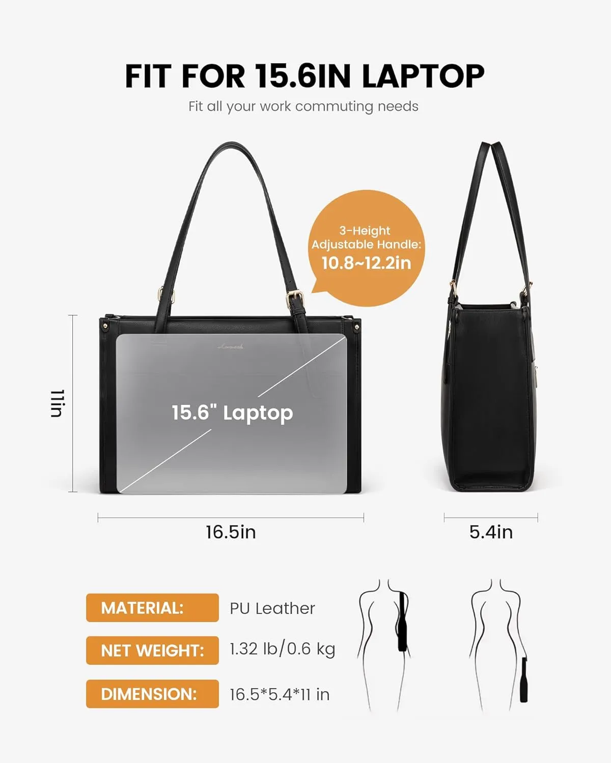 LOVEVOOK Laptop Tote Bag for Women 15.6 Inch Stylish Leather Work Tote Bag Purse Large Capacity And Waterproof Computer Briefcase for Business Office Travel, Black