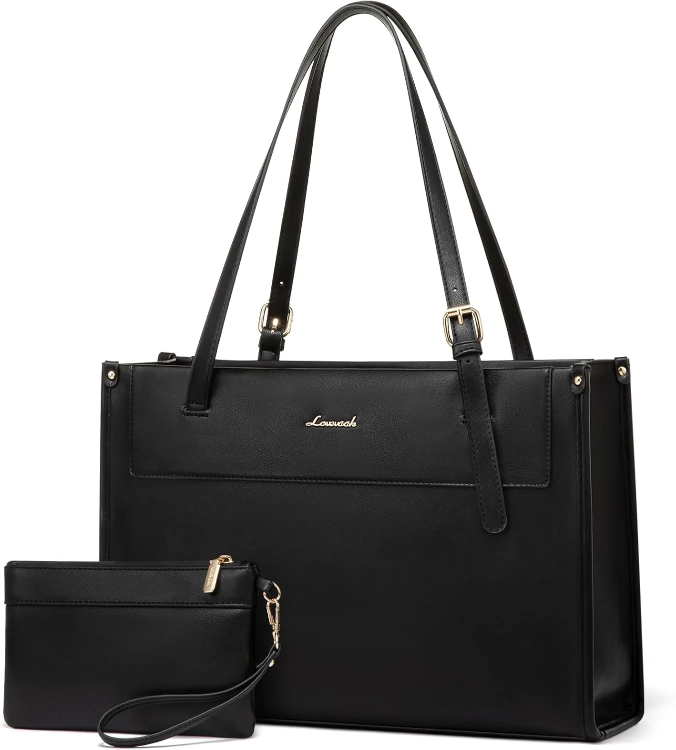 LOVEVOOK Laptop Tote Bag for Women 15.6 Inch Stylish Leather Work Tote Bag Purse Large Capacity And Waterproof Computer Briefcase for Business Office Travel, Black