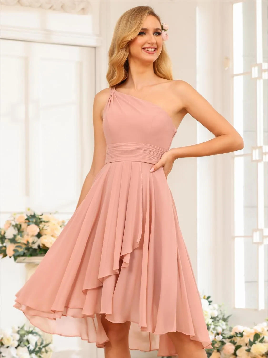 Loyeloy One Shoulder Short Bridesmaid Dresses with Pockets 2025 Ruffles Chiffon Pleats Formal Party Dress