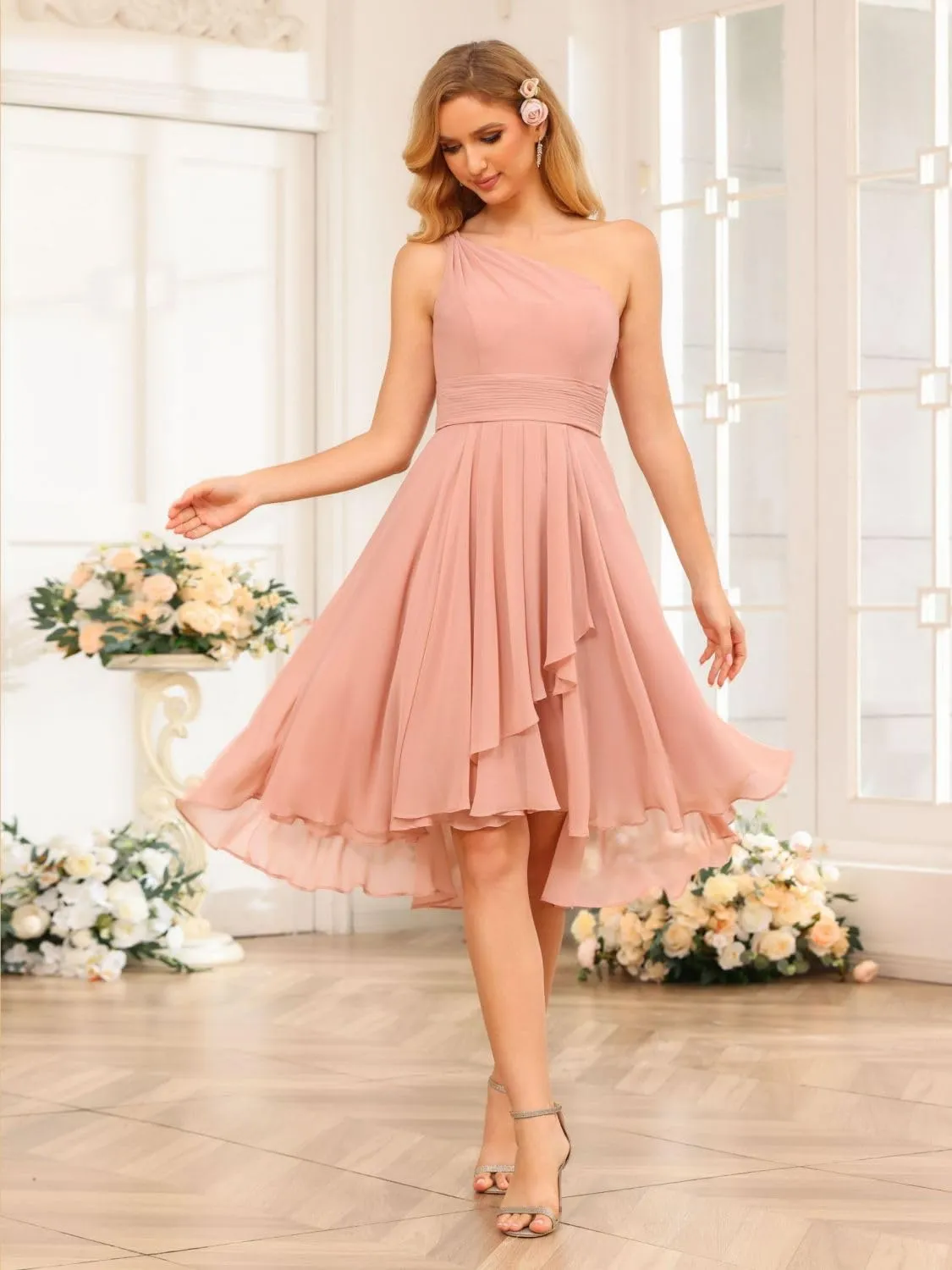 Loyeloy One Shoulder Short Bridesmaid Dresses with Pockets 2025 Ruffles Chiffon Pleats Formal Party Dress