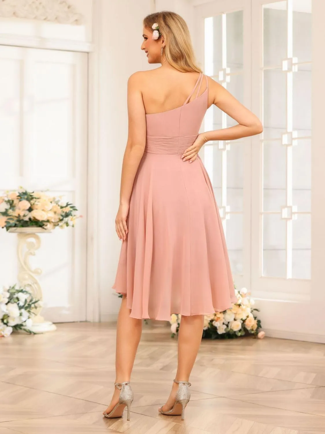 Loyeloy One Shoulder Short Bridesmaid Dresses with Pockets 2025 Ruffles Chiffon Pleats Formal Party Dress