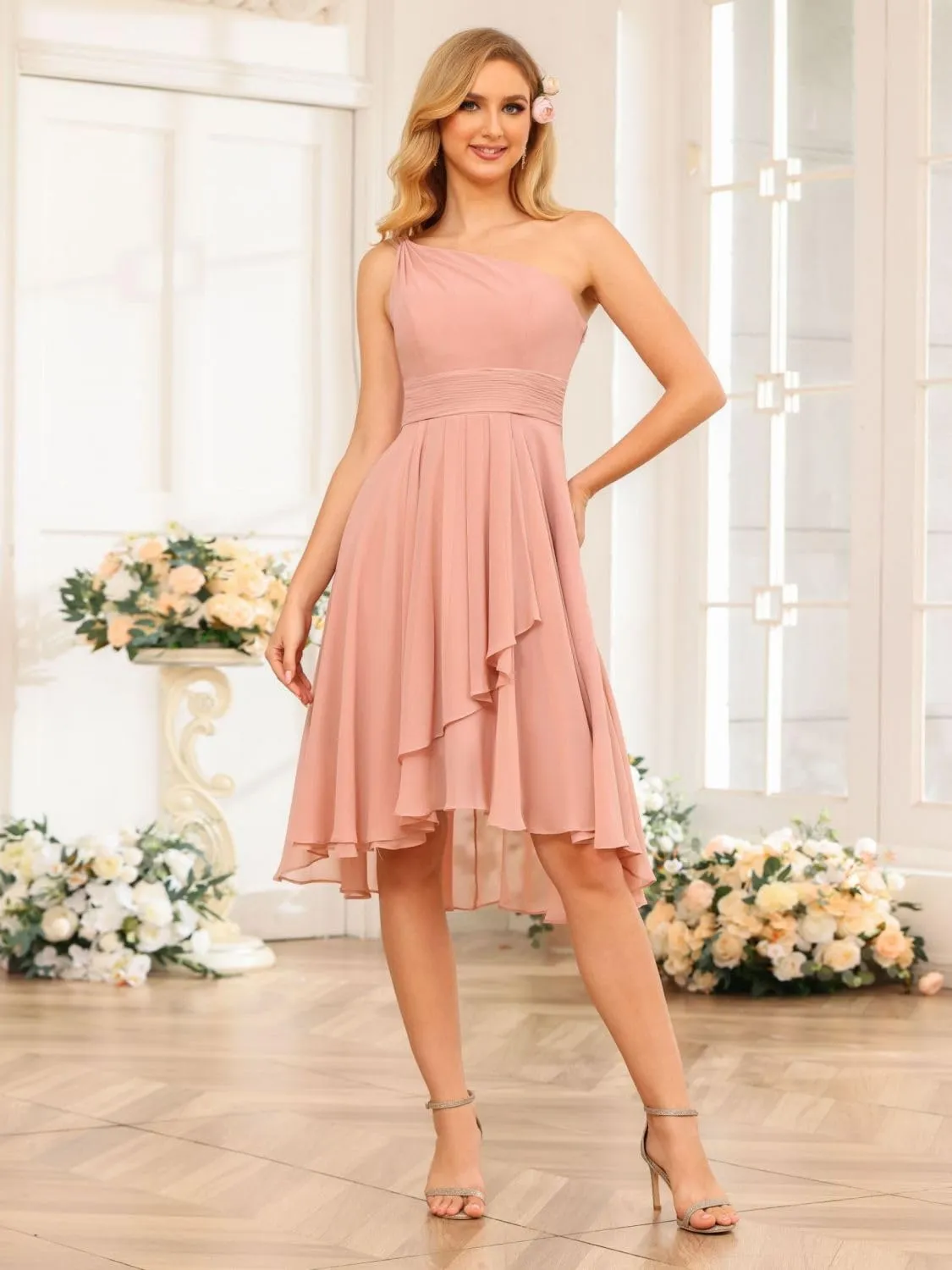 Loyeloy One Shoulder Short Bridesmaid Dresses with Pockets 2025 Ruffles Chiffon Pleats Formal Party Dress