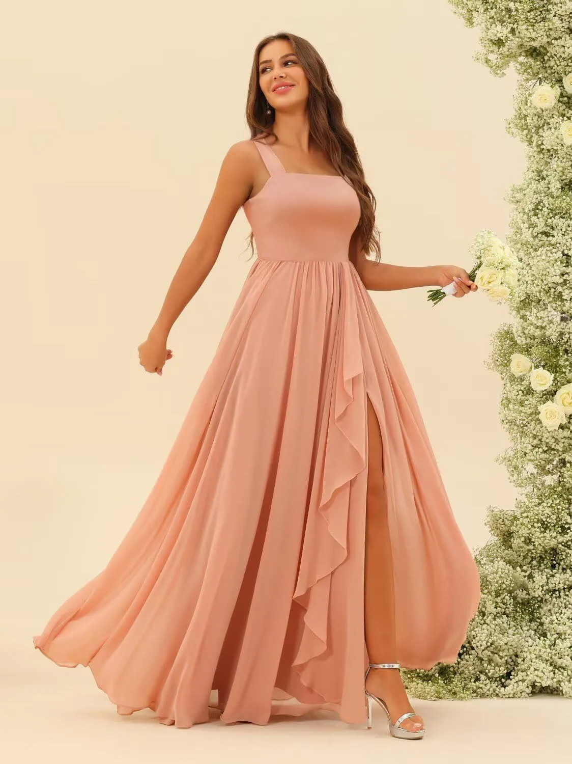 Loyeloy Women's Square Neck Bridesmaid Dresses with Slit 2025 Ruched Waist Chiffon Formal Evening Gowns