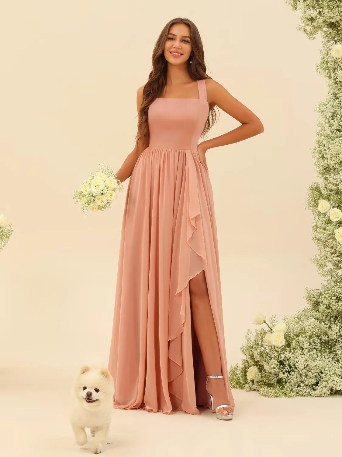 Loyeloy Women's Square Neck Bridesmaid Dresses with Slit 2025 Ruched Waist Chiffon Formal Evening Gowns