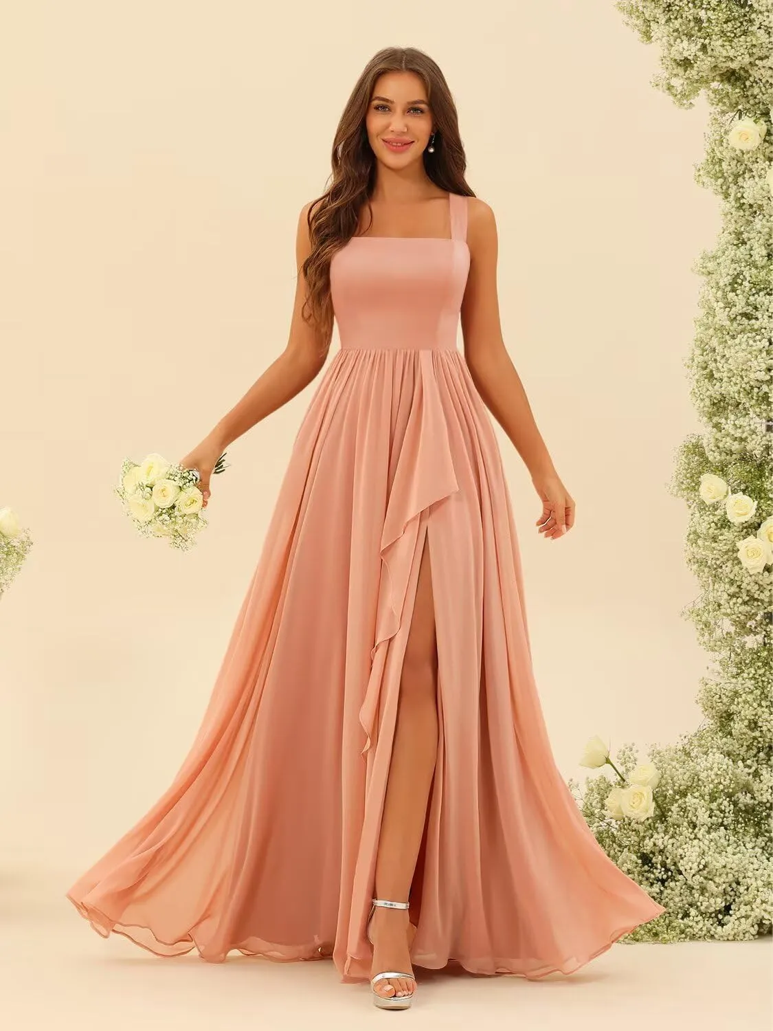 Loyeloy Women's Square Neck Bridesmaid Dresses with Slit 2025 Ruched Waist Chiffon Formal Evening Gowns