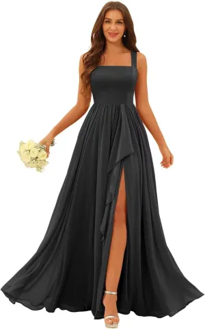 Loyeloy Women's Square Neck Bridesmaid Dresses with Slit 2025 Ruched Waist Chiffon Formal Evening Gowns