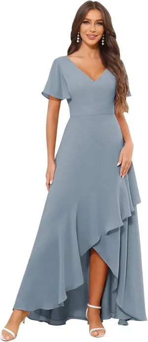 MAGGCIF Women's V Neck Bridesmaid Dresses Long with Sleeves Ruched Chiffon Formal Evening Gowns