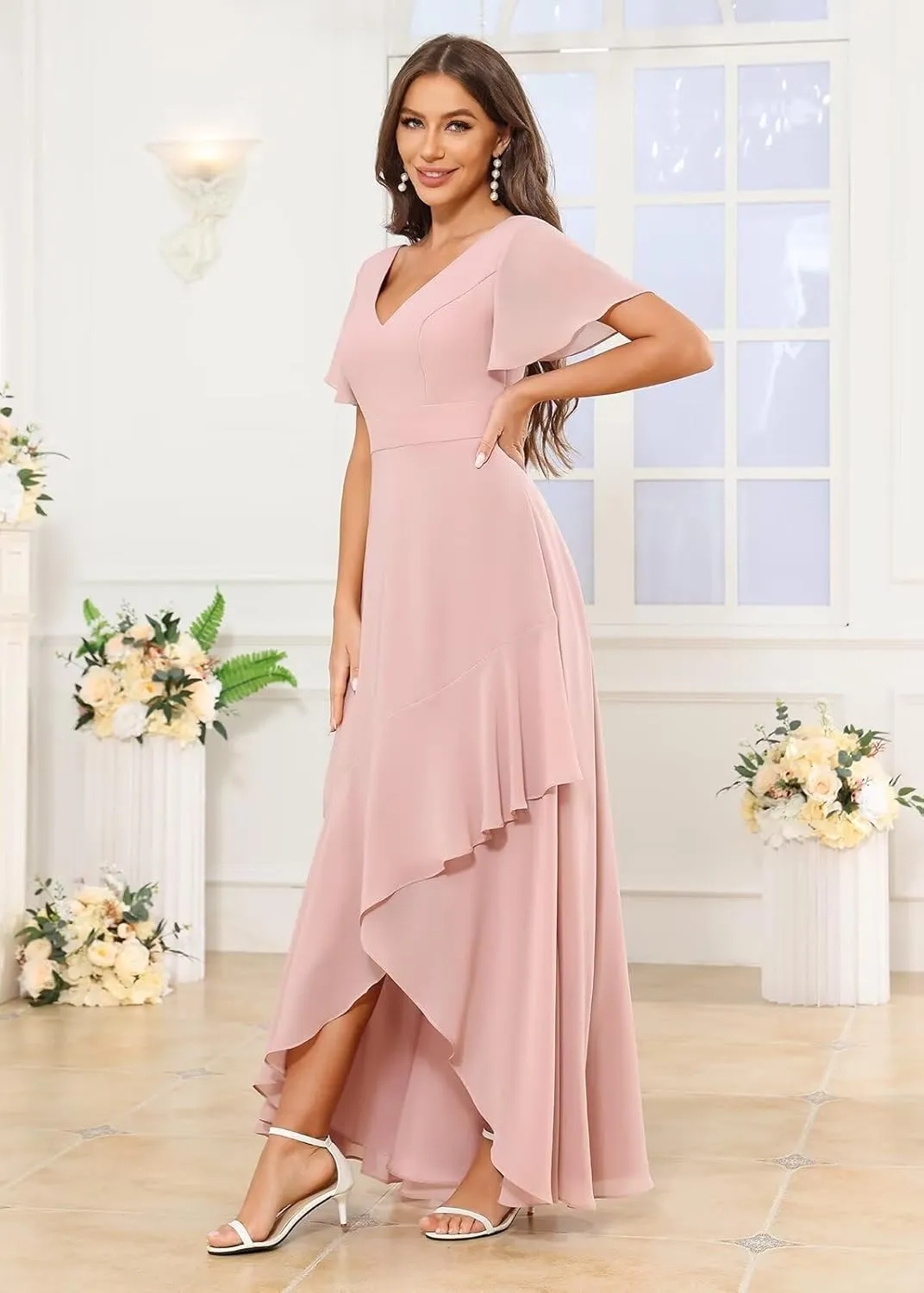 MAGGCIF Women's V Neck Bridesmaid Dresses Long with Sleeves Ruched Chiffon Formal Evening Gowns