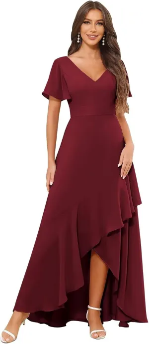 MAGGCIF Women's V Neck Bridesmaid Dresses Long with Sleeves Ruched Chiffon Formal Evening Gowns