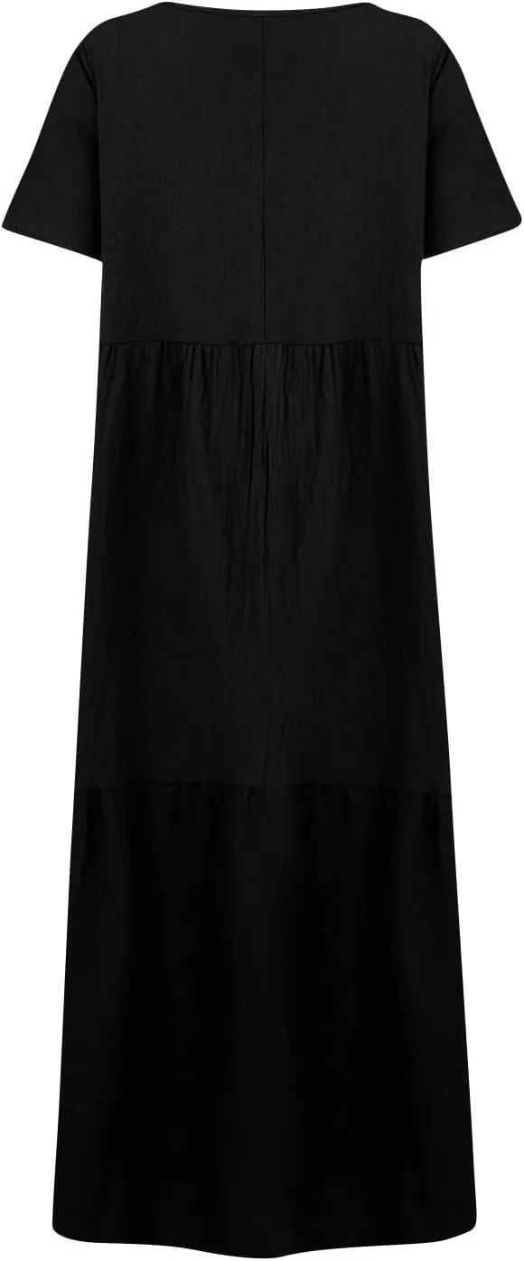 Maxi Dress for Women Casual Summer Linen Short Sleeve V Neck Baggy Sundress Plus Size Solid Flowy Beach Long Dresses