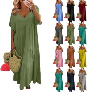 Maxi Dress for Women Casual Summer Linen Short Sleeve V Neck Baggy Sundress Plus Size Solid Flowy Beach Long Dresses