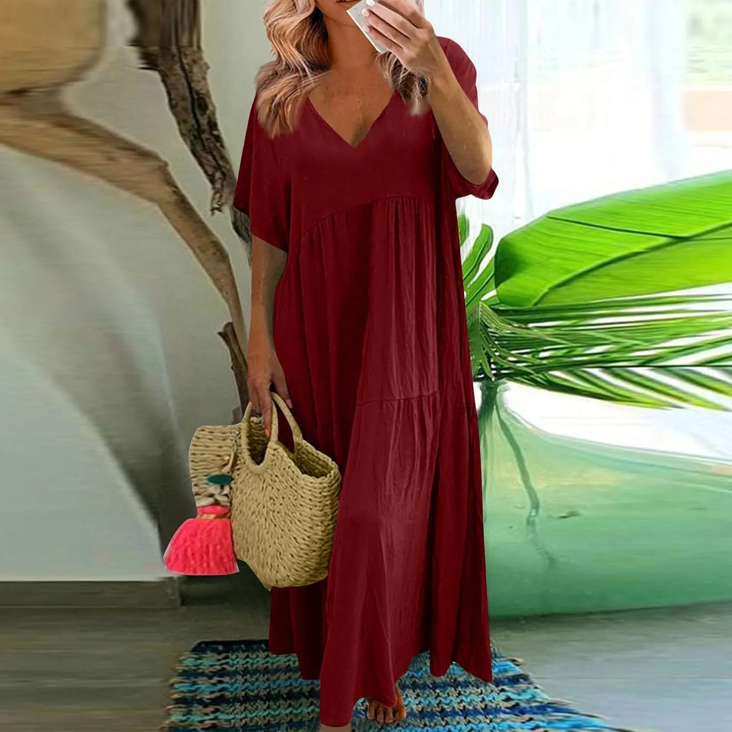 Maxi Dress for Women Casual Summer Linen Short Sleeve V Neck Baggy Sundress Plus Size Solid Flowy Beach Long Dresses
