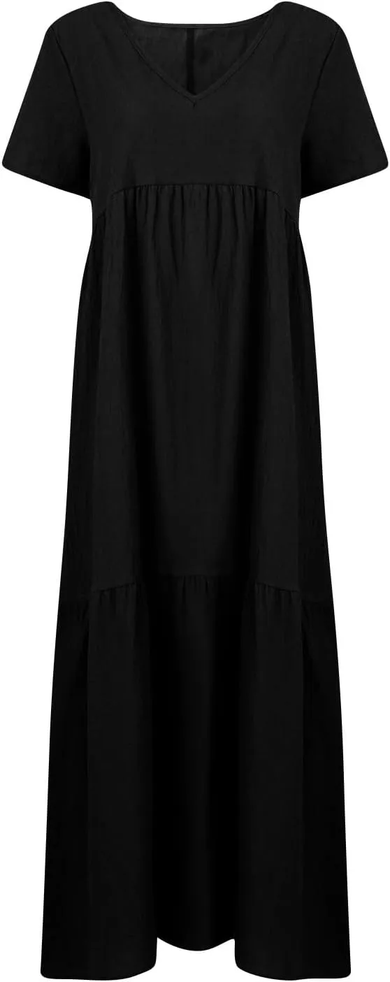 Maxi Dress for Women Casual Summer Linen Short Sleeve V Neck Baggy Sundress Plus Size Solid Flowy Beach Long Dresses