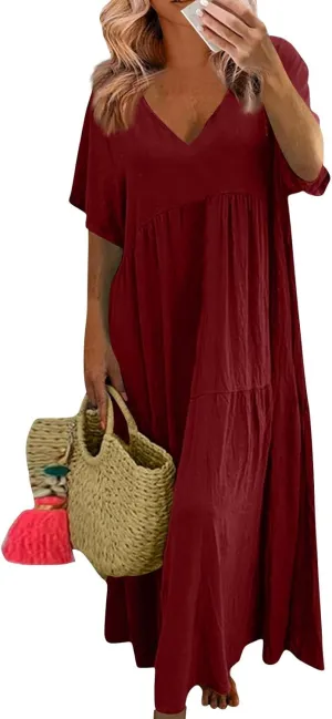 Maxi Dress for Women Casual Summer Linen Short Sleeve V Neck Baggy Sundress Plus Size Solid Flowy Beach Long Dresses