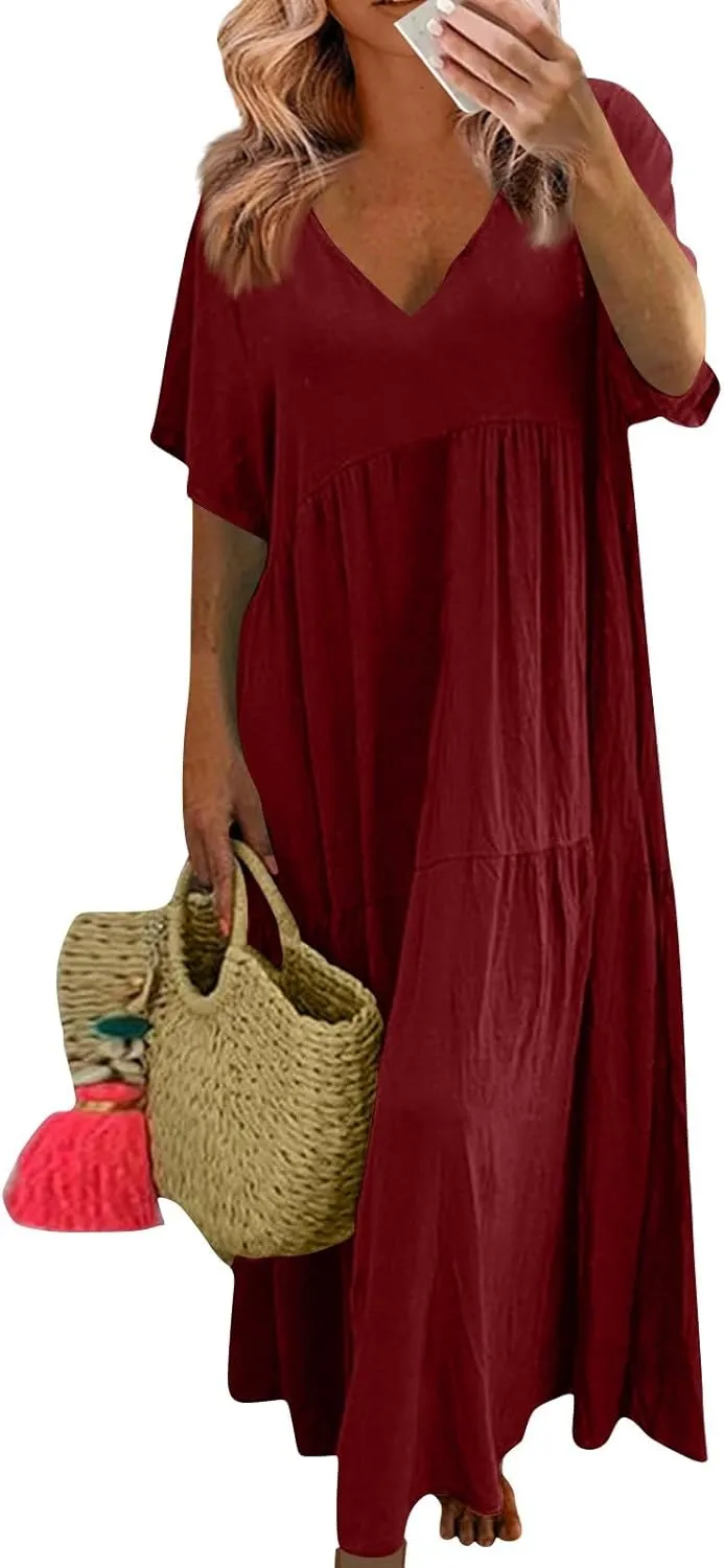 Maxi Dress for Women Casual Summer Linen Short Sleeve V Neck Baggy Sundress Plus Size Solid Flowy Beach Long Dresses