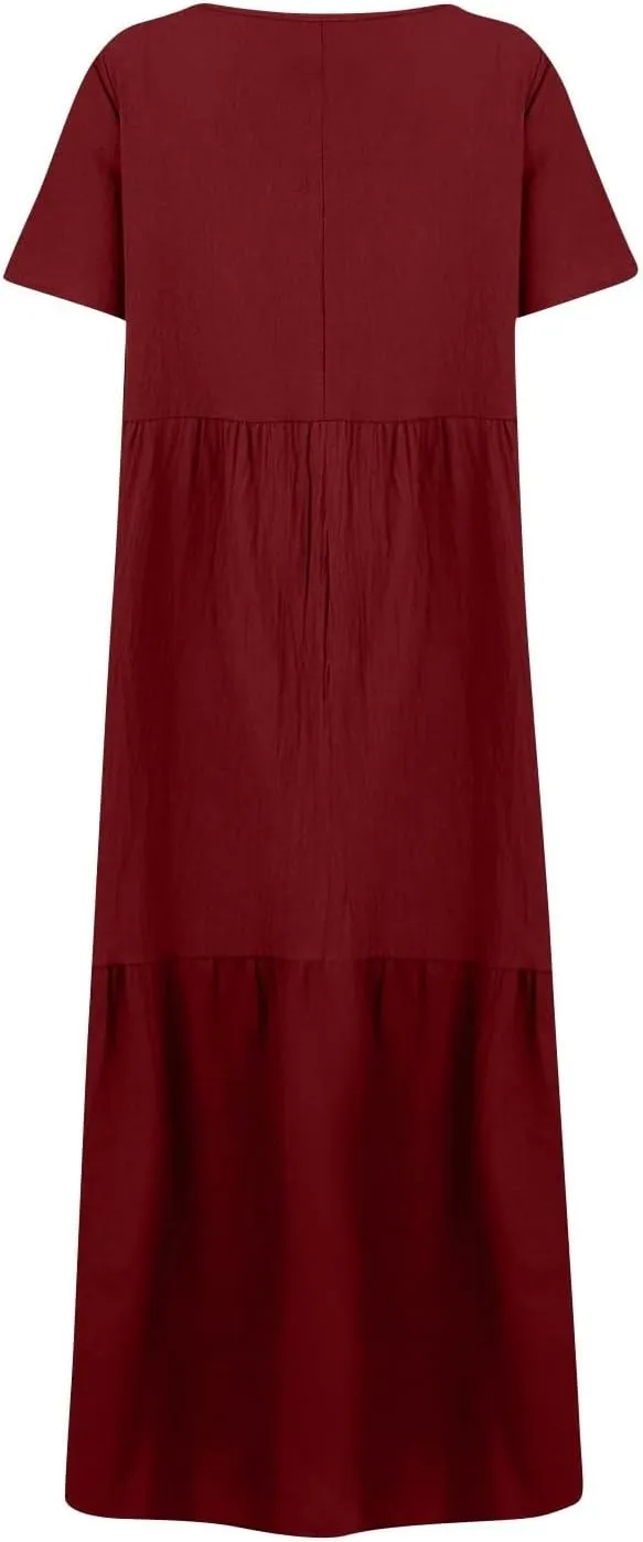 Maxi Dress for Women Casual Summer Linen Short Sleeve V Neck Baggy Sundress Plus Size Solid Flowy Beach Long Dresses