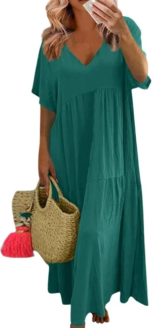 Maxi Dress for Women Casual Summer Linen Short Sleeve V Neck Baggy Sundress Plus Size Solid Flowy Beach Long Dresses