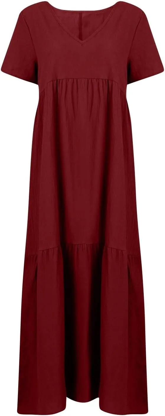 Maxi Dress for Women Casual Summer Linen Short Sleeve V Neck Baggy Sundress Plus Size Solid Flowy Beach Long Dresses