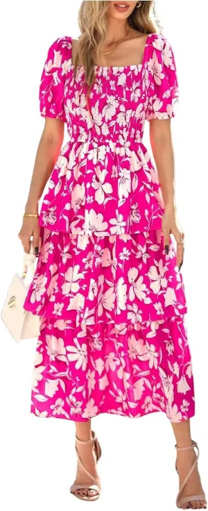 Maxi Dresses for Women 2025 Smocked Tiered Floral Midi Dress Layered Square Neck Puff Sleeve Empire Waist Dress