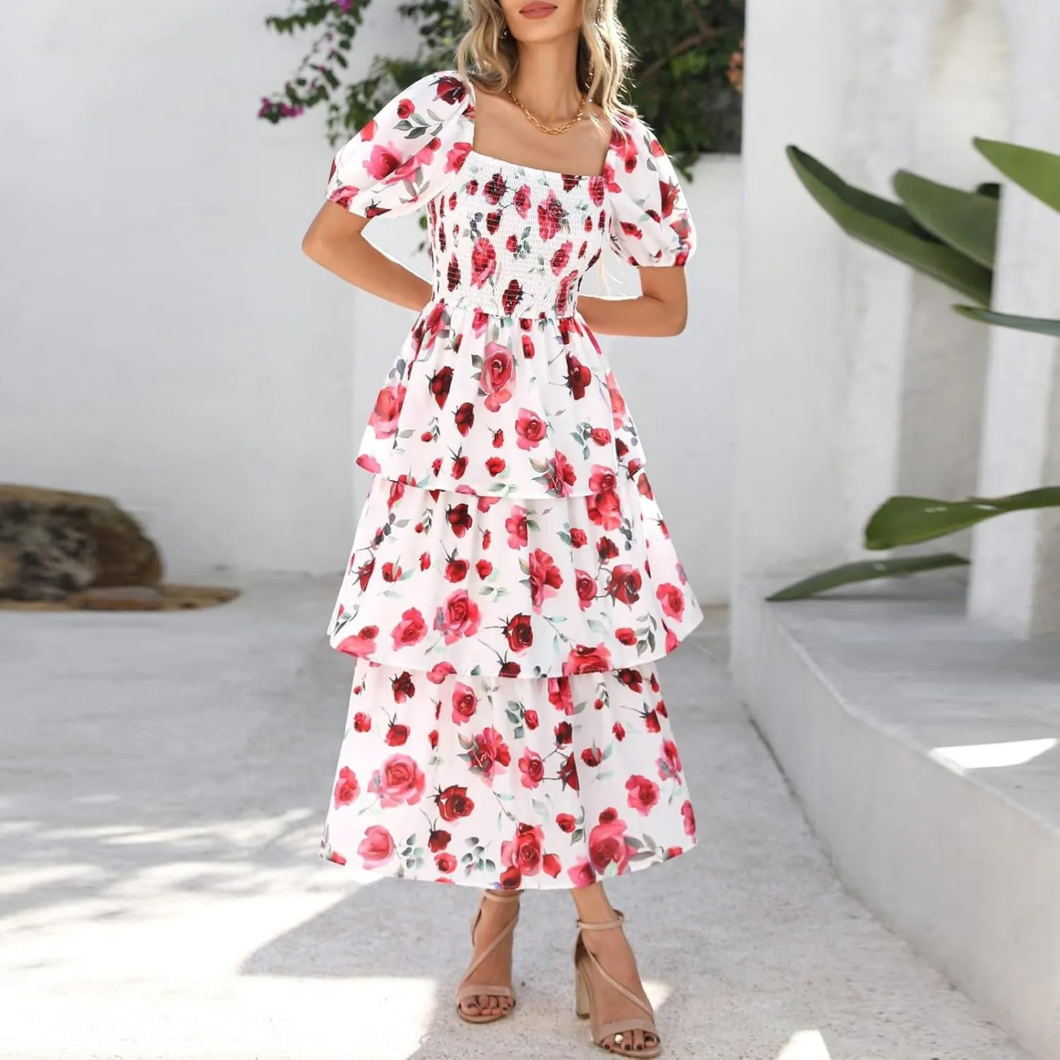 Maxi Dresses for Women 2025 Smocked Tiered Floral Midi Dress Layered Square Neck Puff Sleeve Empire Waist Dress
