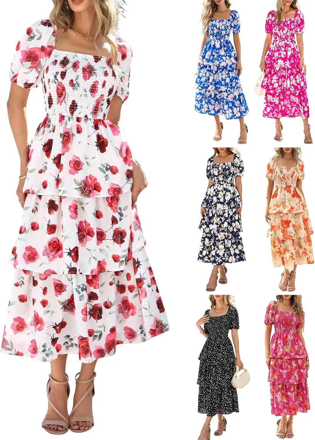 Maxi Dresses for Women 2025 Smocked Tiered Floral Midi Dress Layered Square Neck Puff Sleeve Empire Waist Dress