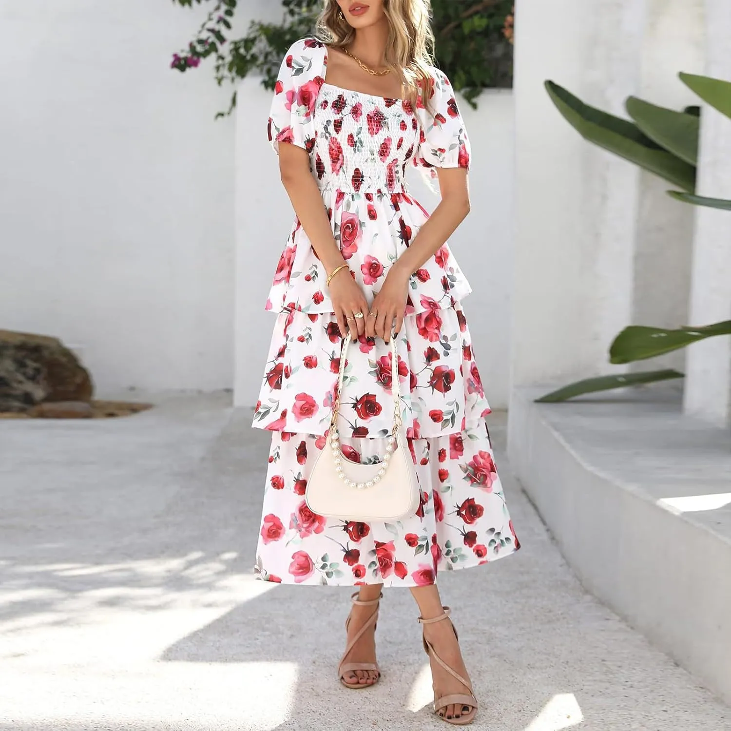 Maxi Dresses for Women 2025 Smocked Tiered Floral Midi Dress Layered Square Neck Puff Sleeve Empire Waist Dress