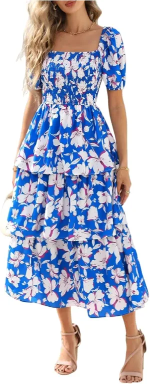 Maxi Dresses for Women 2025 Smocked Tiered Floral Midi Dress Layered Square Neck Puff Sleeve Empire Waist Dress