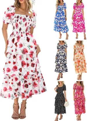 Maxi Dresses for Women 2025 Smocked Tiered Floral Midi Dress Layered Square Neck Puff Sleeve Empire Waist Dress