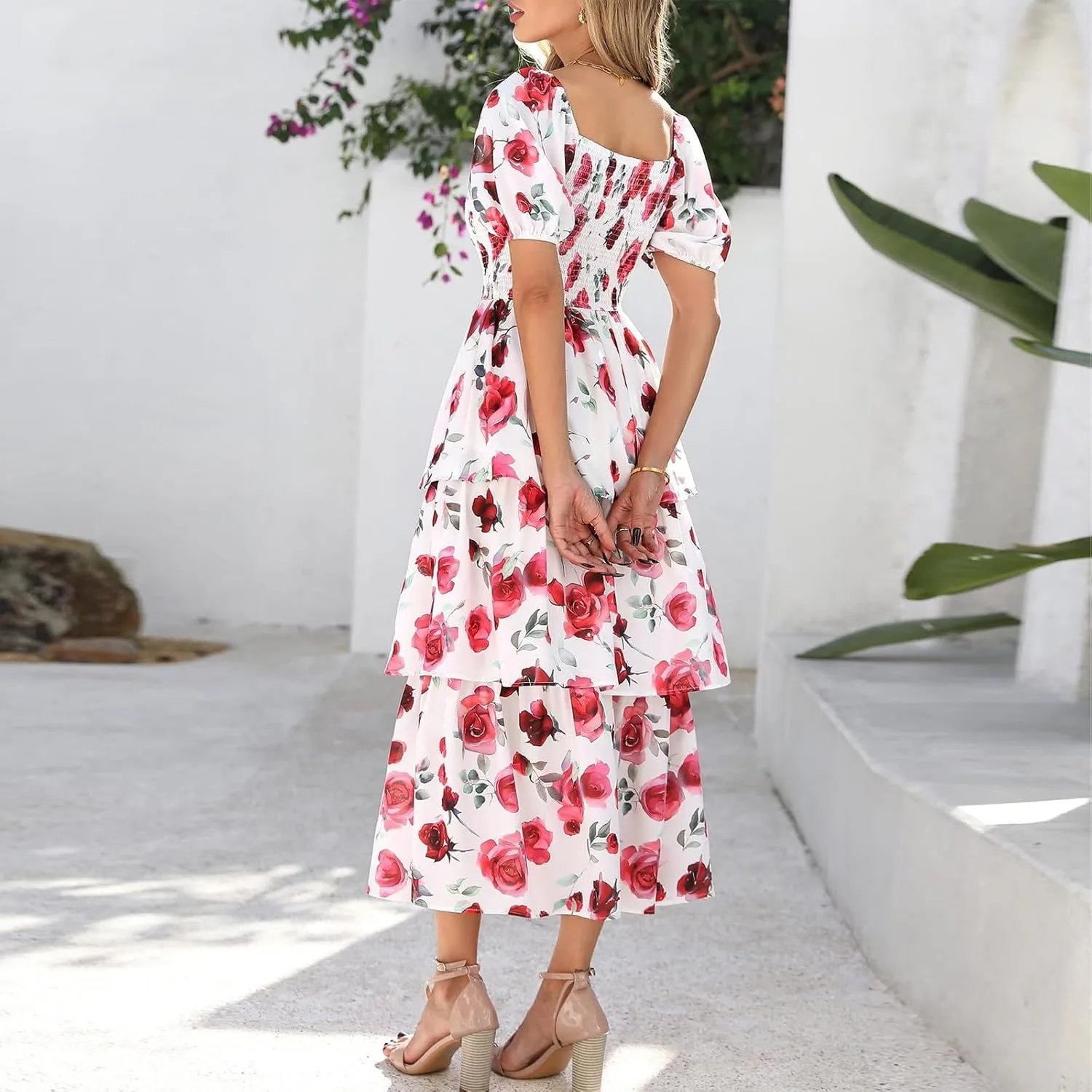 Maxi Dresses for Women 2025 Smocked Tiered Floral Midi Dress Layered Square Neck Puff Sleeve Empire Waist Dress