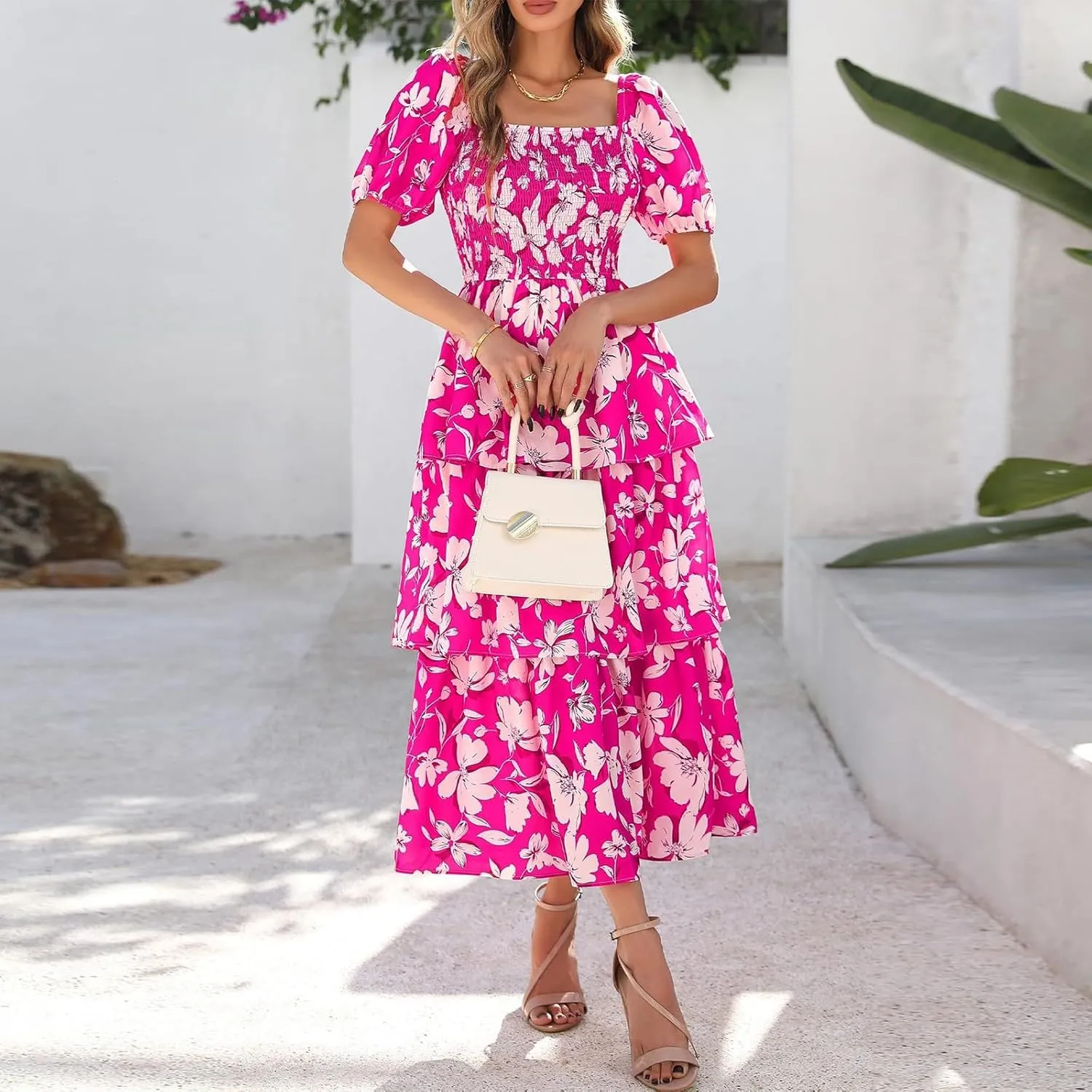 Maxi Dresses for Women 2025 Smocked Tiered Floral Midi Dress Layered Square Neck Puff Sleeve Empire Waist Dress