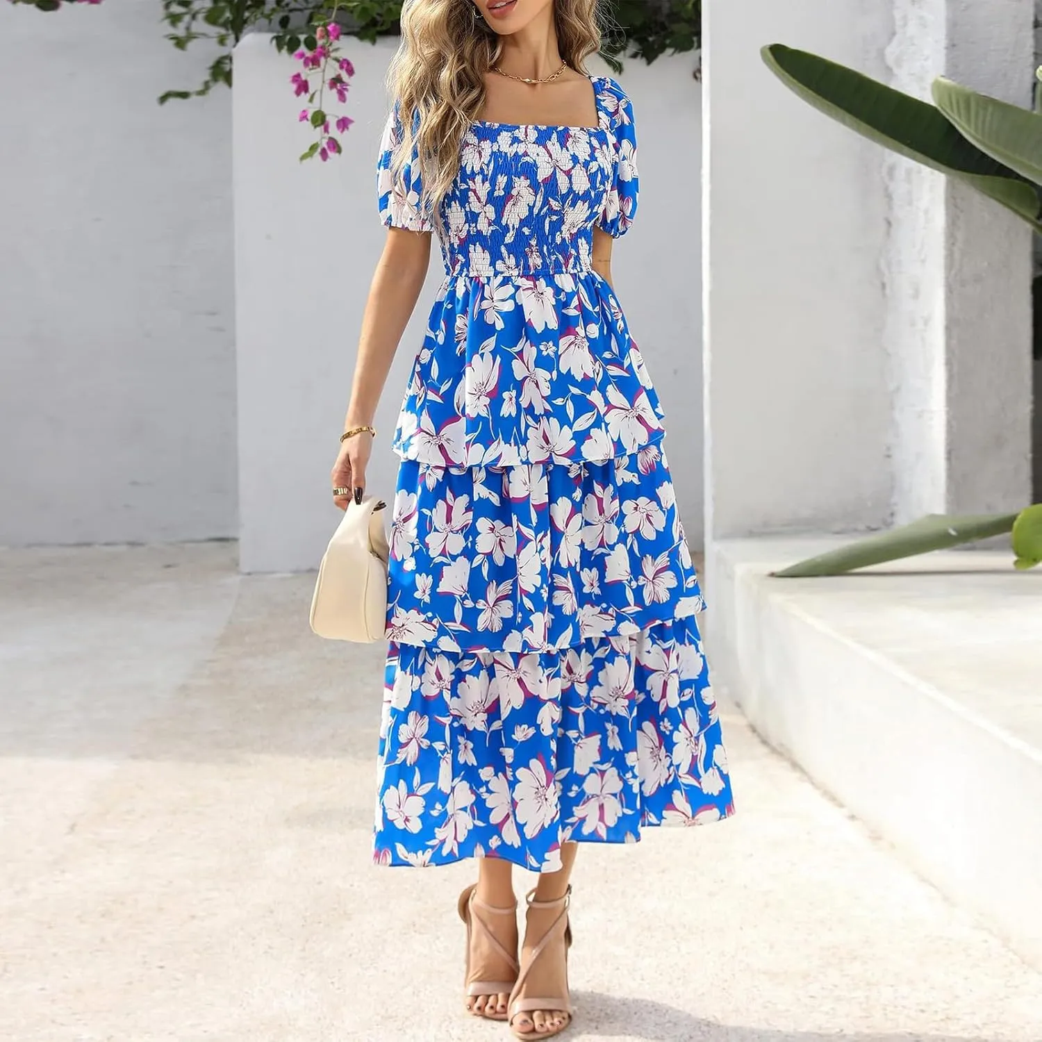Maxi Dresses for Women 2025 Smocked Tiered Floral Midi Dress Layered Square Neck Puff Sleeve Empire Waist Dress