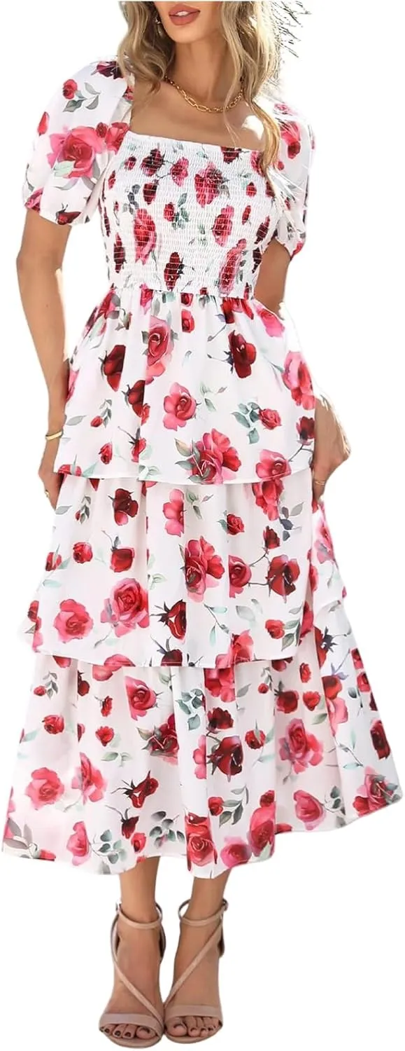 Maxi Dresses for Women 2025 Smocked Tiered Floral Midi Dress Layered Square Neck Puff Sleeve Empire Waist Dress