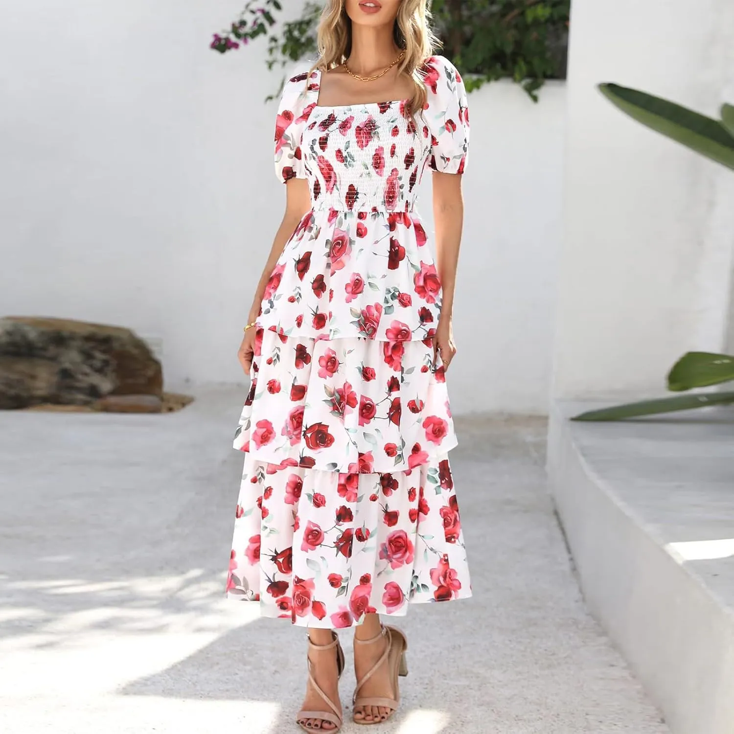 Maxi Dresses for Women 2025 Smocked Tiered Floral Midi Dress Layered Square Neck Puff Sleeve Empire Waist Dress