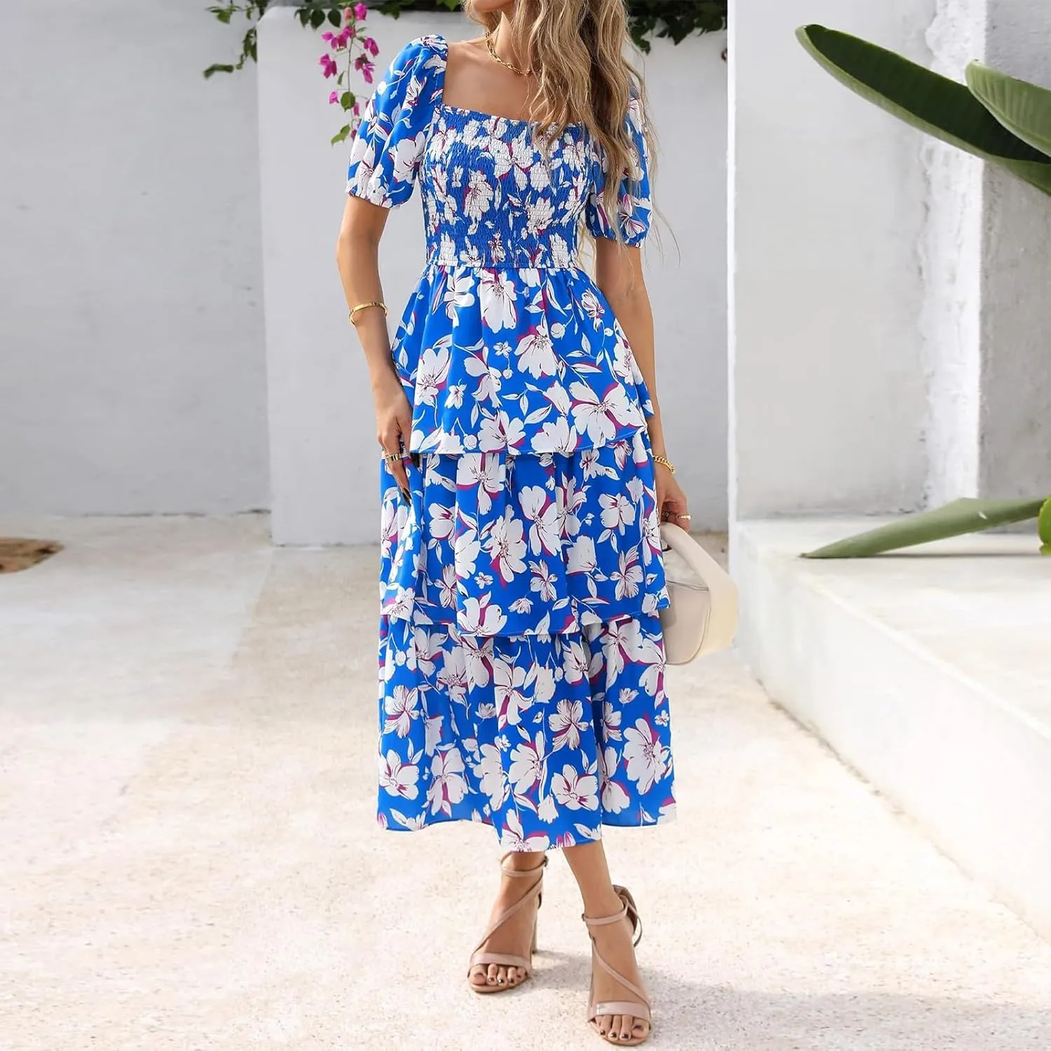Maxi Dresses for Women 2025 Smocked Tiered Floral Midi Dress Layered Square Neck Puff Sleeve Empire Waist Dress
