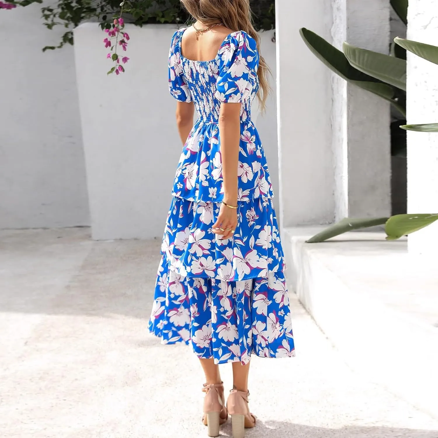 Maxi Dresses for Women 2025 Smocked Tiered Floral Midi Dress Layered Square Neck Puff Sleeve Empire Waist Dress