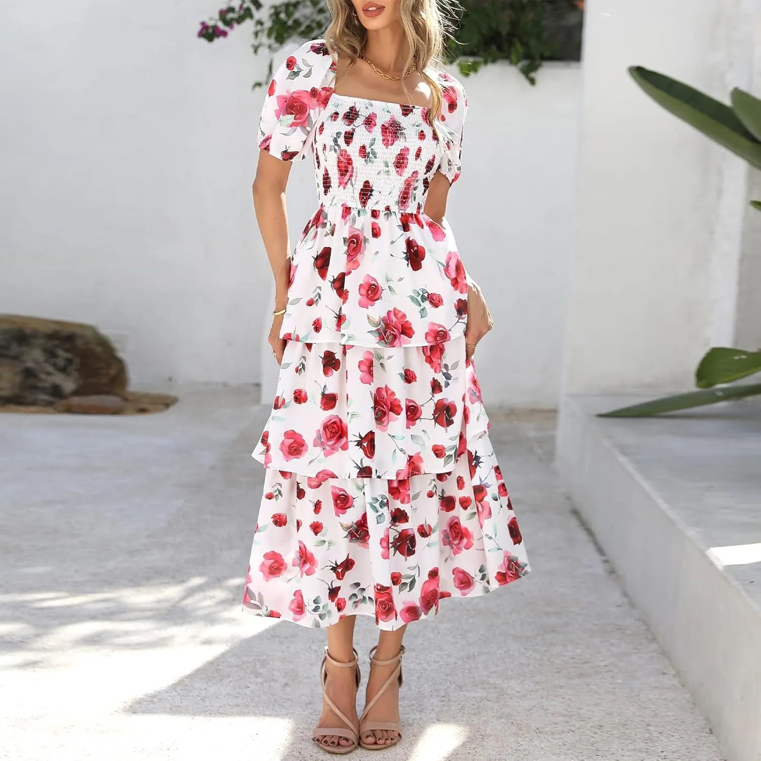 Maxi Dresses for Women 2025 Smocked Tiered Floral Midi Dress Layered Square Neck Puff Sleeve Empire Waist Dress