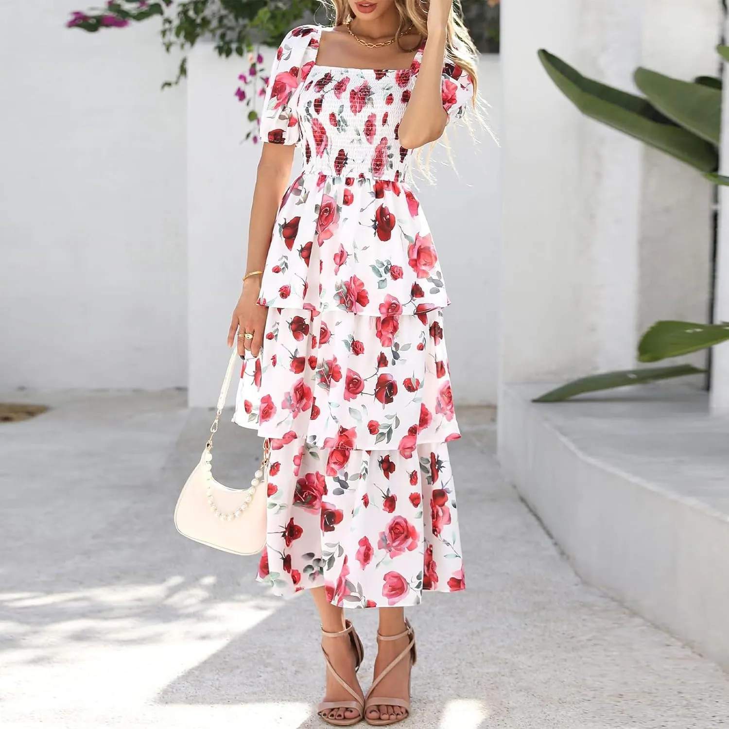 Maxi Dresses for Women 2025 Smocked Tiered Floral Midi Dress Layered Square Neck Puff Sleeve Empire Waist Dress